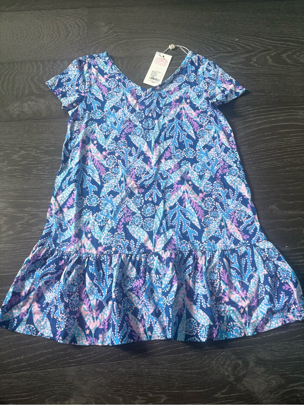 Lilly Pulitzer Girls Blue & Purple Floral Ruffle Hem Dress, Size M (6-7), NWT